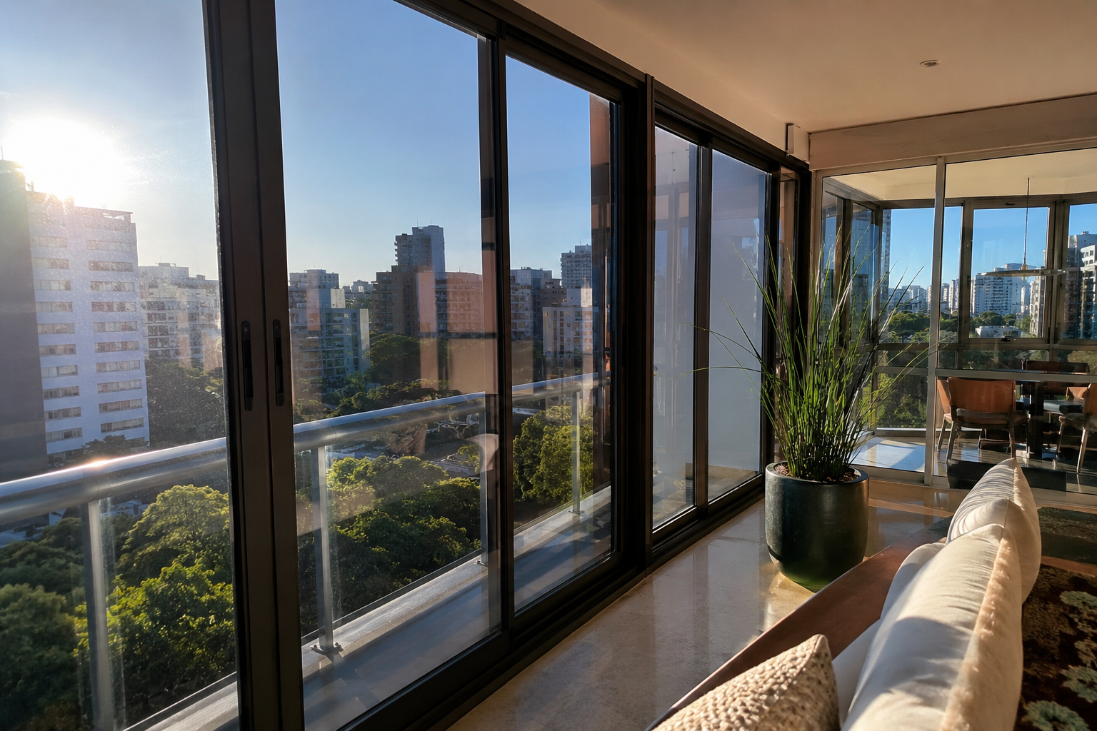 Sala ensolarada com vista panorâmica da cidade