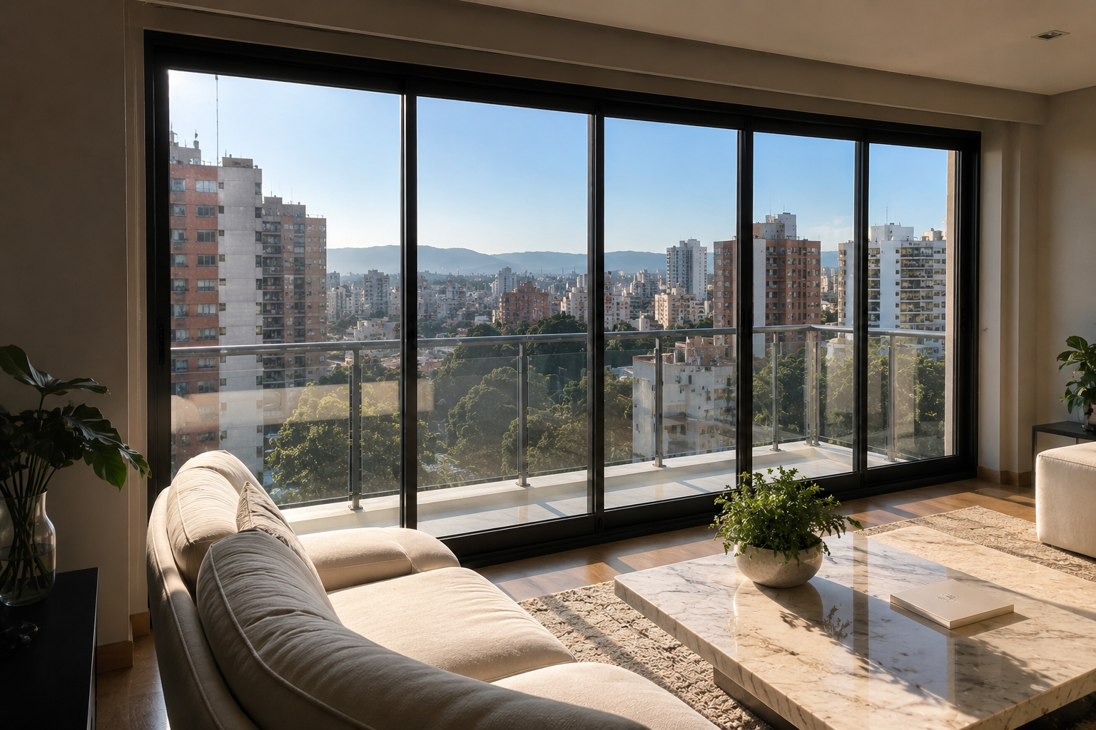 Sala ensolarada com vista panorâmica do bairro anchieta