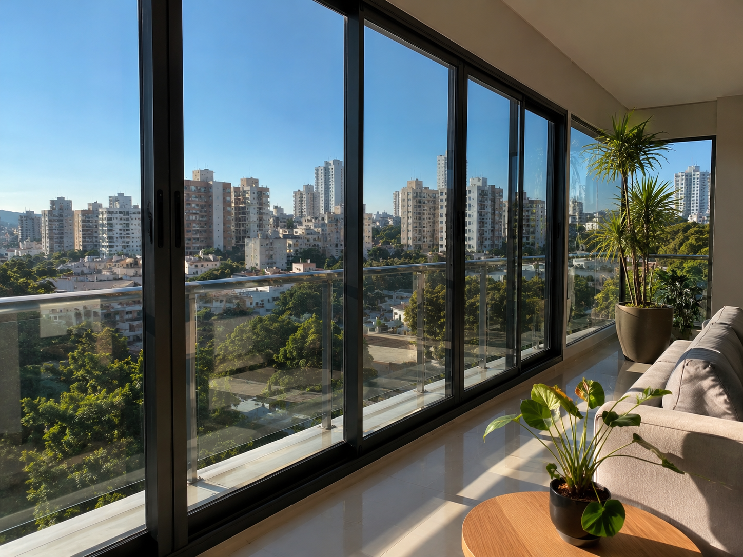 Varanda ensolarada com vista urbana